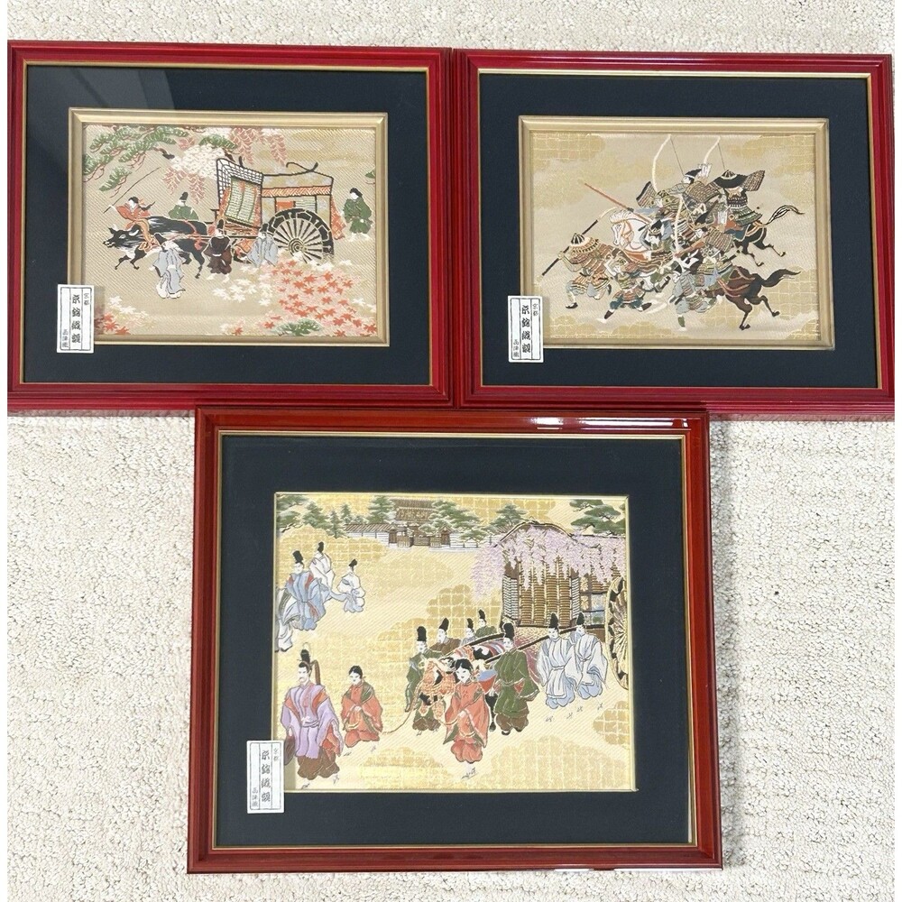 Set Of 3 Vintage Japanese Nishijin Silk Brocade Panel-Miyakoji Design-Framed